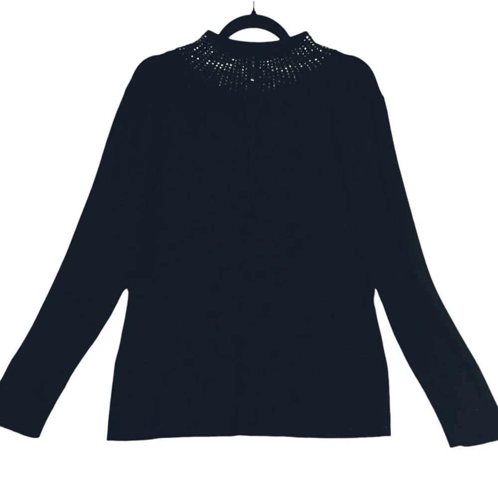 Black Knit Sweater Woman's L Long Sleeve Mock Zip Turtleneck Black Ckassic Minim